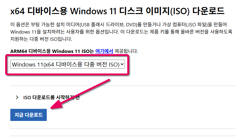 마이크로소프트 공식 홈페이지에서 Windows 11 ISO 디스크 이미지 선택 화면