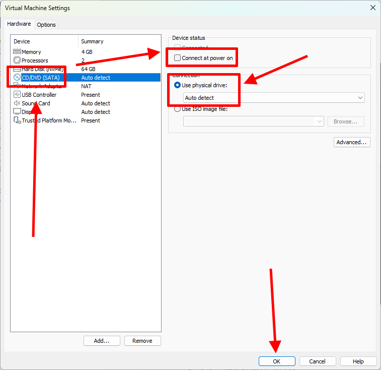 VMware Workstation Pro CD/DVD 물리 드라이브 연결 설정 화면