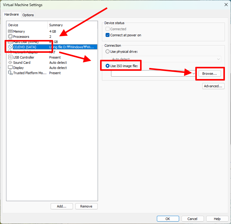 VMware Workstation Pro CD/DVD ISO 이미지 파일 설정 화면