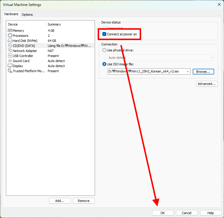 VMware Workstation Pro Windows 11 ISO 파일 연결 설정 화면