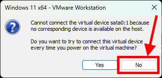 VMware Workstation Pro CD/DVD 장치 연결 오류 안내 화면