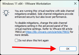 VMware Workstation Pro 사이드 채널 완화 기능 안내 화면 