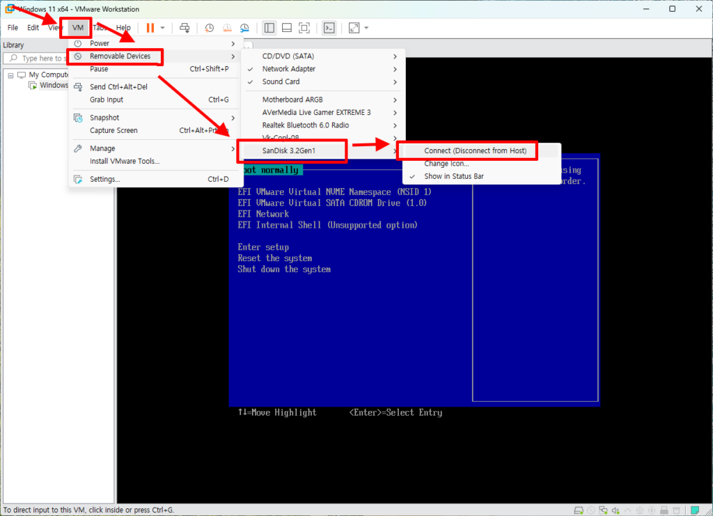 VMware Workstation Pro USB 장치 연결 메뉴