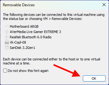 VMware Workstation Pro 이동식 장치 연결 상태 화면