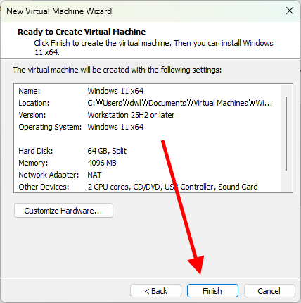 Windows 11 가상 머신 생성 완료 화면
