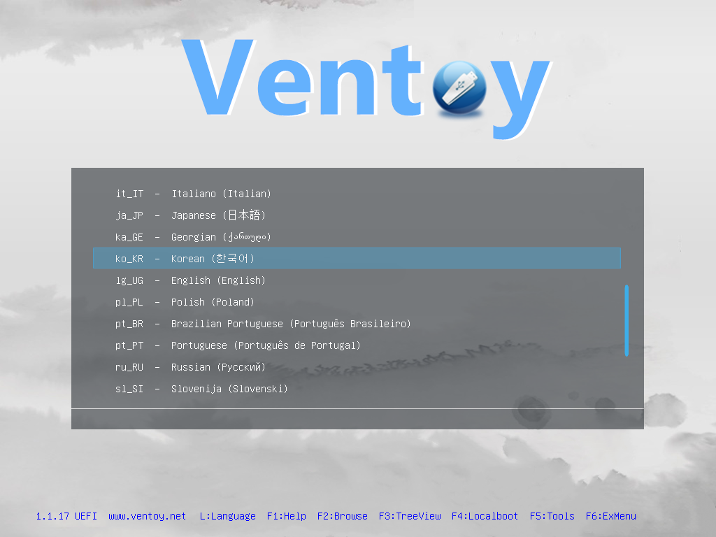Ventoy 부팅화면 언어선택