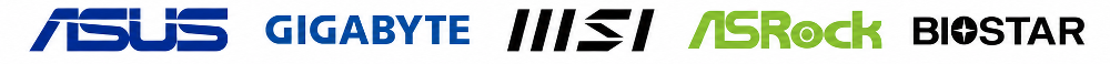 흰색 배경에 왼쪽부터 ASUS, GIGABYTE, MSI, ASRock, BIOSTAR 브랜드 로고가 일렬로 나열되어 있는 화면