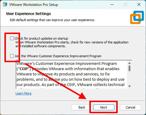 VMware Workstation Pro 제품 업데이트와 사용자 경험 개선 프로그램 설정 화면