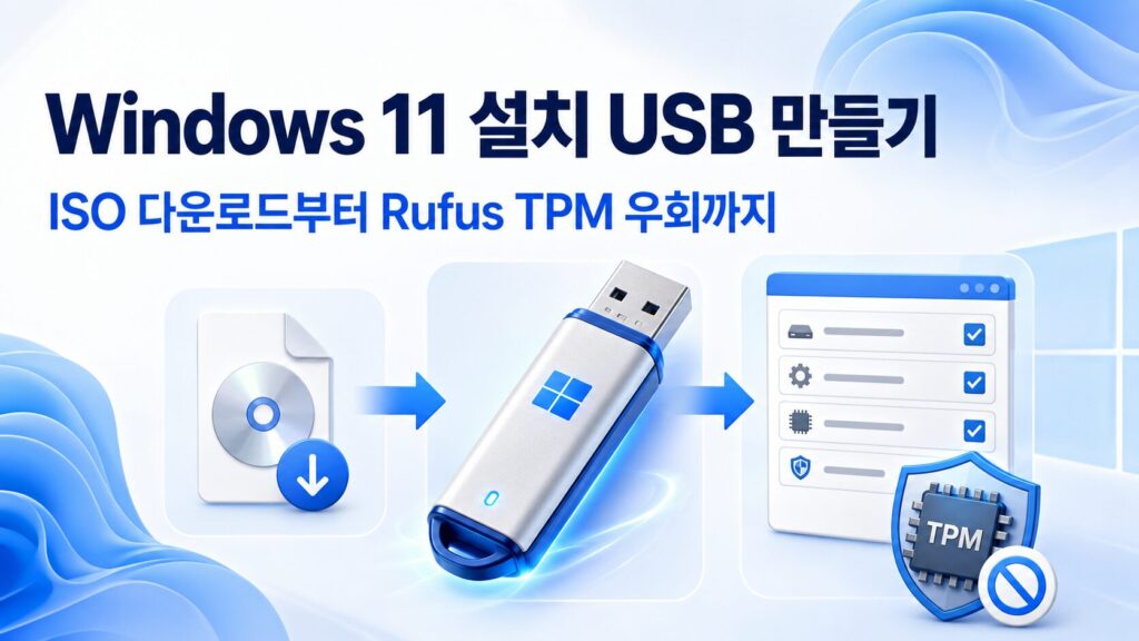 Rufus 프로그램을 사용하여 TPM 및 Secure Boot 요구 사항을 우회하는 Windows 11 설치 USB를 제작하는 단계를 시각화한 일러스트 이미지