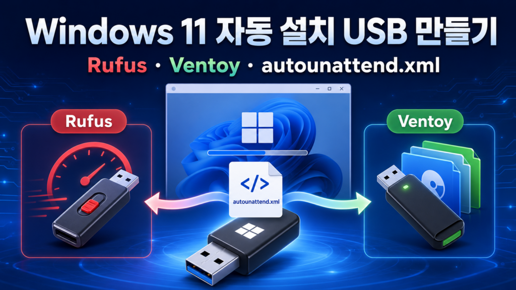 Windows 11 자동 설치 USB 만들기 대표 이미지, Rufus와 Ventoy 및 autounattend.xml 적용 과정
