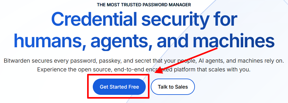 Bitwarden 홈페이지에서 Get Started Free 버튼 선택