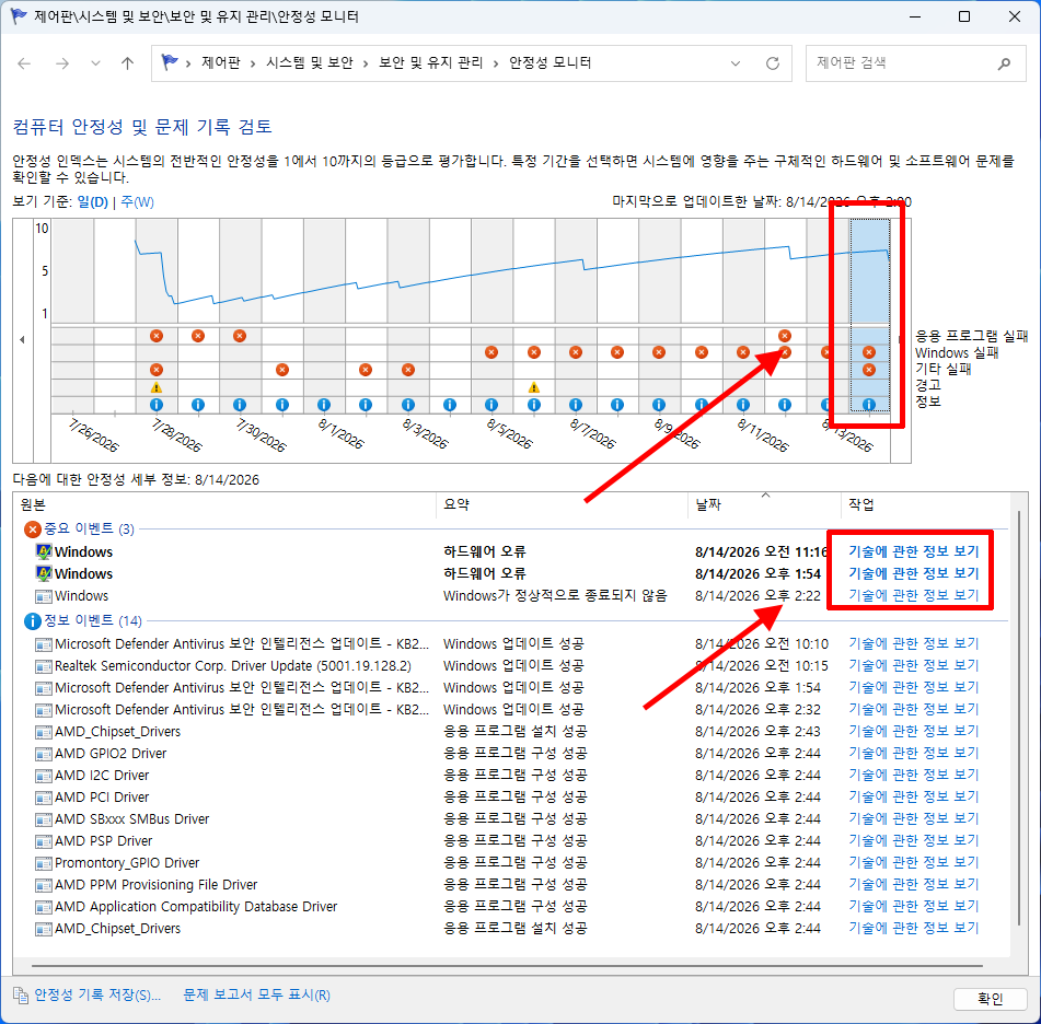 Windows 11 안정성 모니터 하드웨어 오류와 비정상 종료 기록