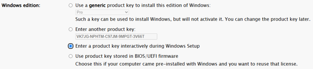 Windows 에디션과 Generic product key 선택 화면