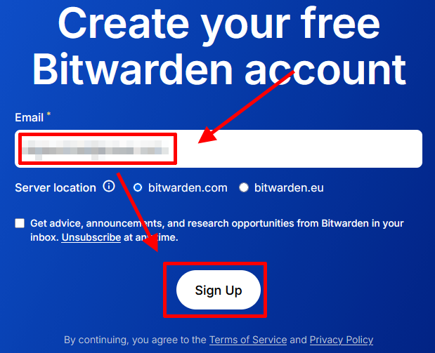 Bitwarden 가입 이메일과 서버 위치 입력