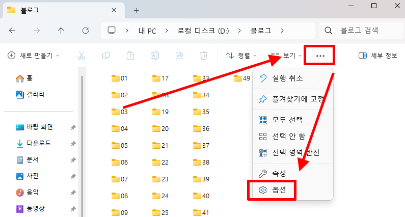 Windows 11 파일 탐색기에서 폴더 옵션을 여는 화면