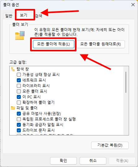 Windows 11 폴더 옵션의 보기 탭 설정 화면