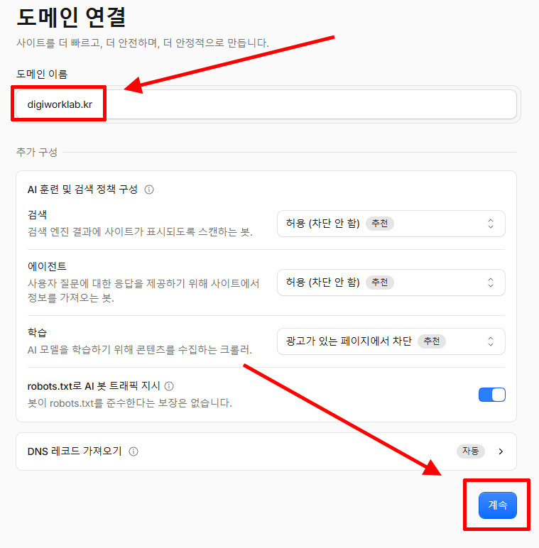 Cloudflare에 연결할 digiworklab.kr 도메인을 입력하는 화면