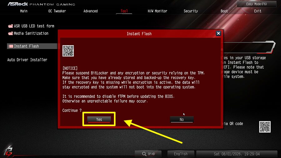 Instant Flash의 BitLocker 및 TPM 경고