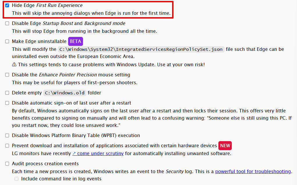 Microsoft Edge 브라우저 관련 설정 화면