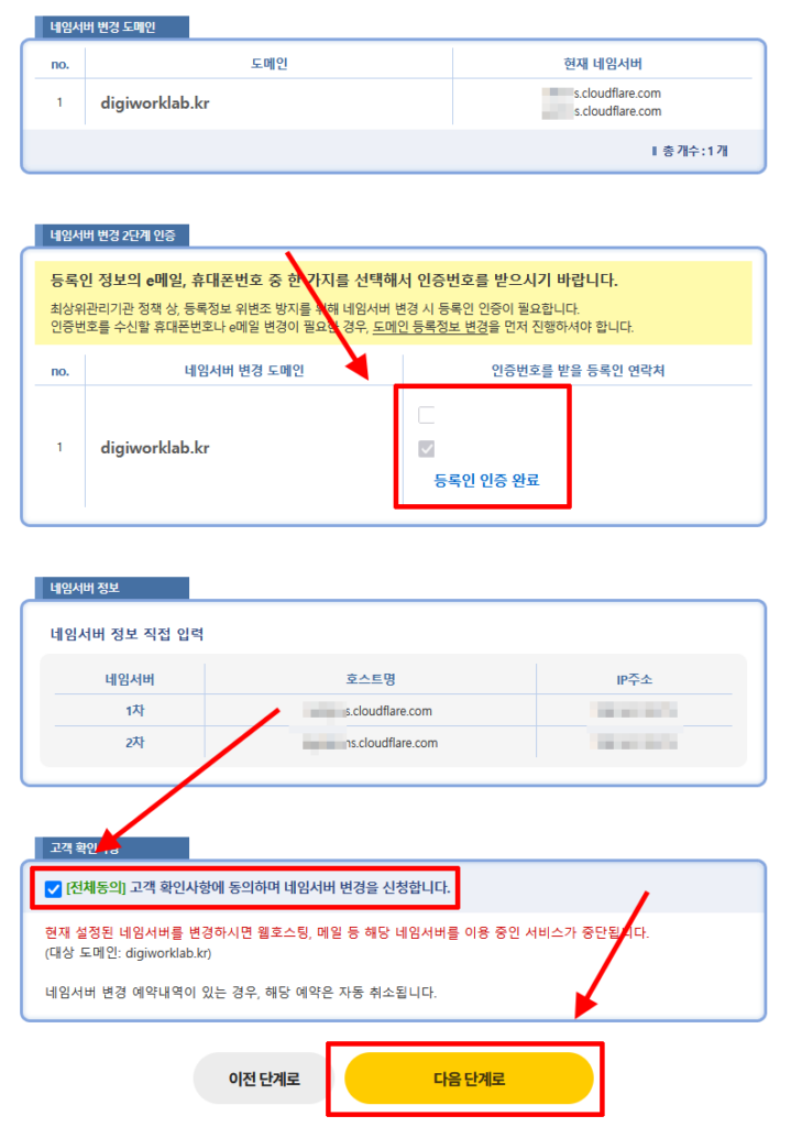 후이즈에서 등록인 인증과 고객 확인을 완료하고 네임서버 변경을 신청하는 화면