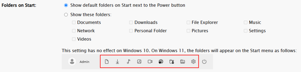Windows 11 시작 메뉴에 표시할 폴더 설정 화면