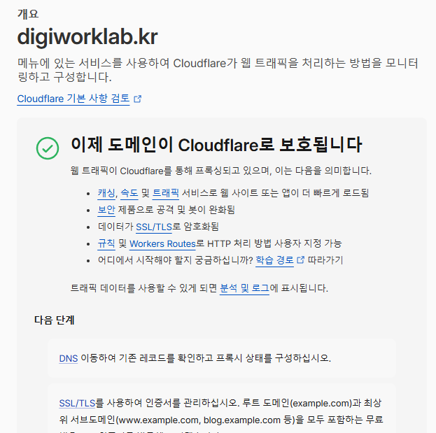 네임서버 변경이 반영되어 digiworklab.kr 도메인이 Cloudflare에서 활성화된 화면