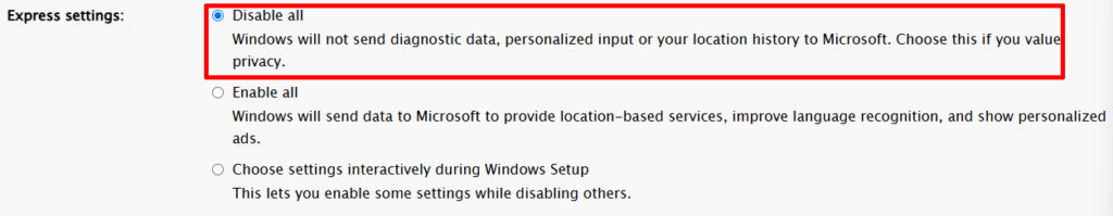 Windows 11 개인정보 보호 옵션 설정 화면