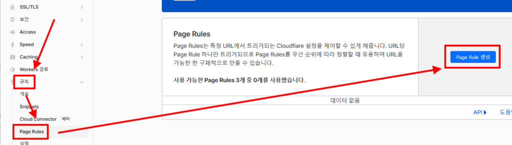 Cloudflare 규칙 메뉴에서 Page Rule 생성 버튼을 누르는 모습