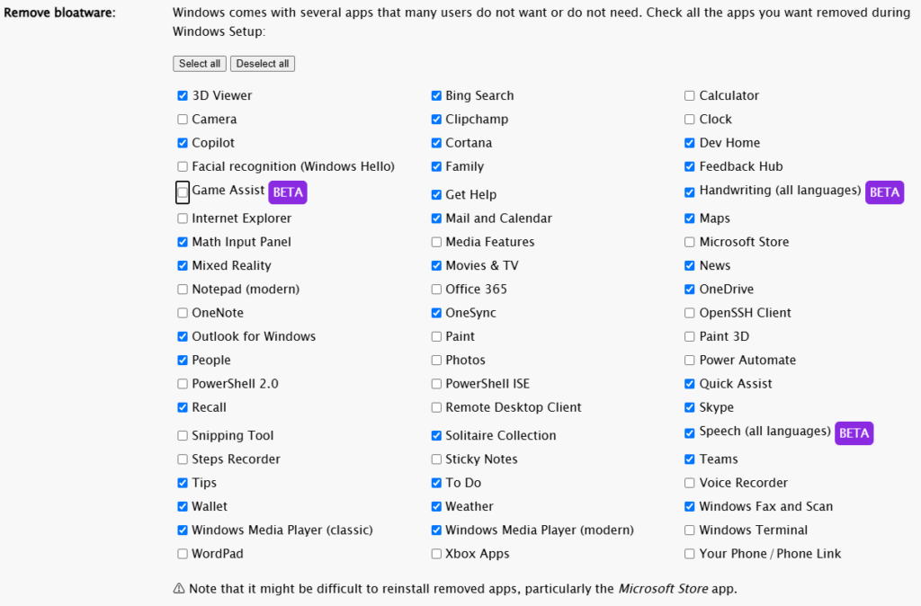 Windows 11에서 제거할 기본 앱 선택 화면