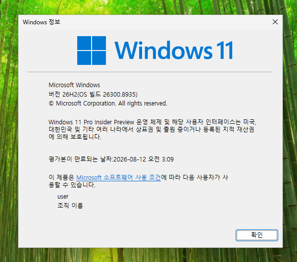 Windows 11 26H2 인사이더 프리뷰 빌드 26300.8935 winver 화면
